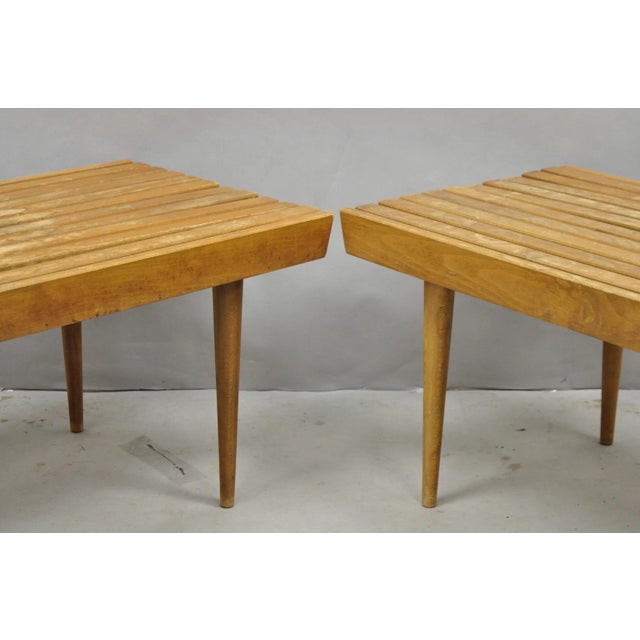 Vintage Mid Century Modern 36" Wood Slat Bench Coffee Table Side Table - A Pair For Sale - Image 9 of 16