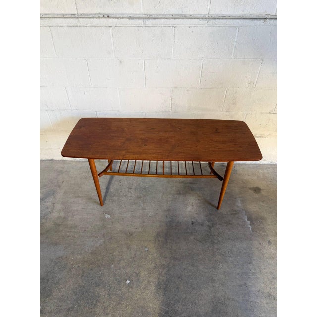 Brown Teak Coffee Table With Slatted Lower Shelf and Tapered Legs Denmark 1960s For Sale - Image 8 of 9