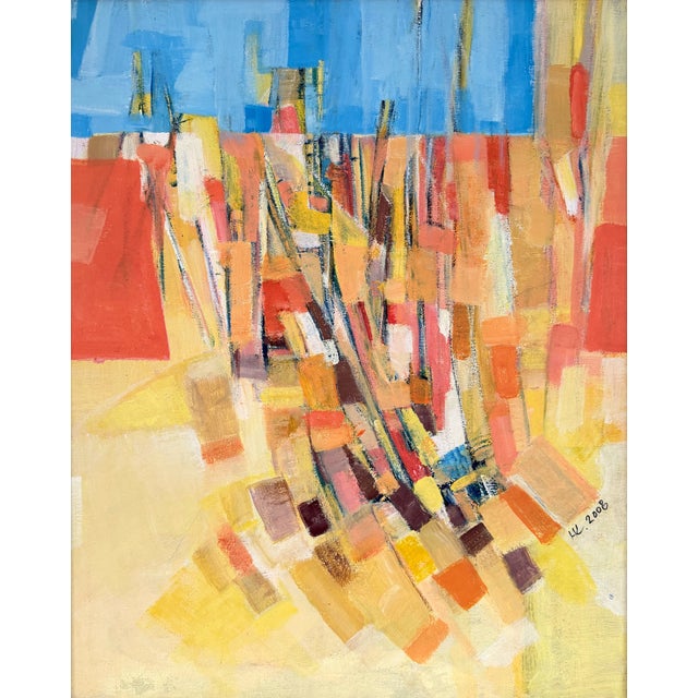 Vibrant mixed media abstract work featuring a lovely bright color palette and dynamic shapes. Framed in a classic vintage...