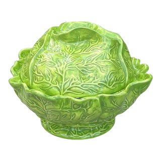 Large 1970s Hollywood Regency Green Ceramic Cabbage Ware Serving Bowl With Lid For Sale