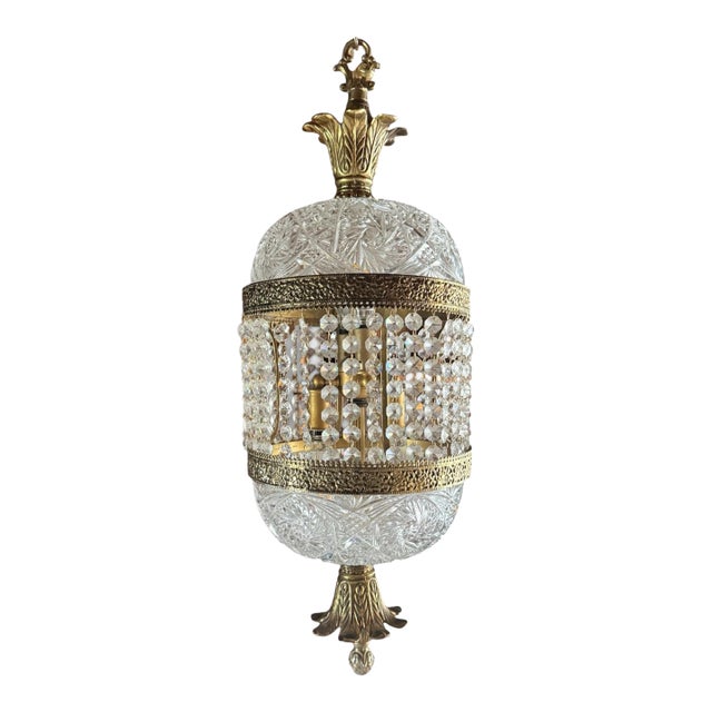 Vintage Hollywood Regency Crystal Glass Pineapple Swag Lamp, 24" For Sale