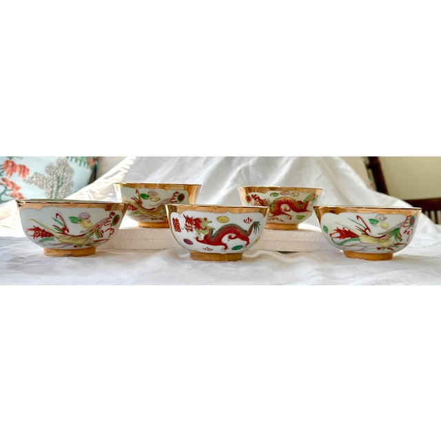 Asian Style Chinese Dragon and Phoenix Rice Bowls - Set of 5 For Sale - Image 4 of 16