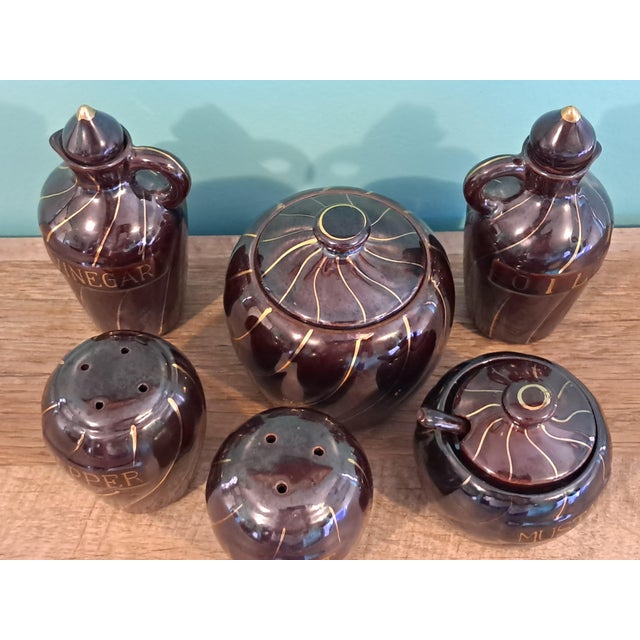 Mid-Century Modern Brown With Gold Accent Condiment Set of 6 Fred Roberts Company For Sale - Image 10 of 15