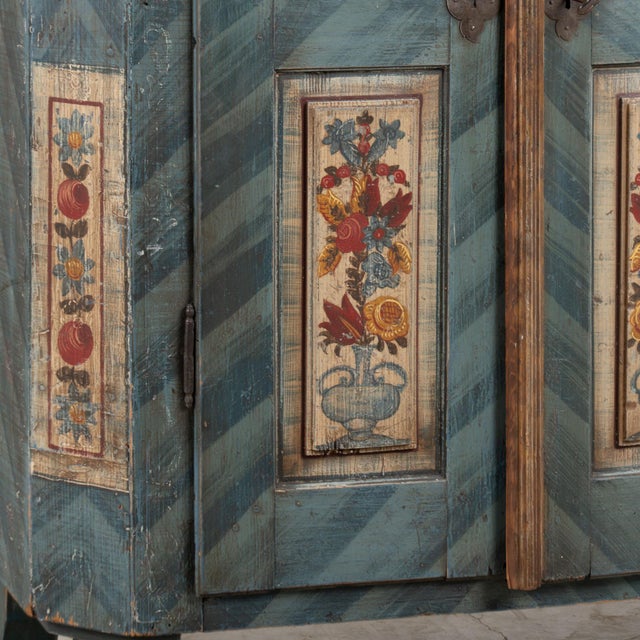 1831 Hungarian Original Blue Hand-Painted Pine Armoire For Sale - Image 9 of 13