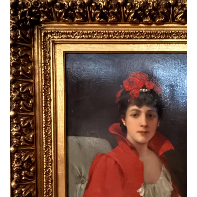 1900s 42" Signed William Henry Hyde Ana Gilded Age Oil Portrait, Socialite in Red Cloak and Ostrich Fan, Antique Gold Frame, Museum Quality For Sale - Image 4 of 18