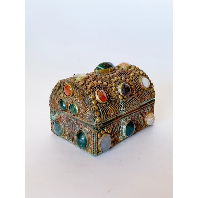 Moroccan Antique Tibetan Bronze Filigree and Gemstone Agate Inlaid Jeweled Jewelry Box For Sale - Image 3 of 10