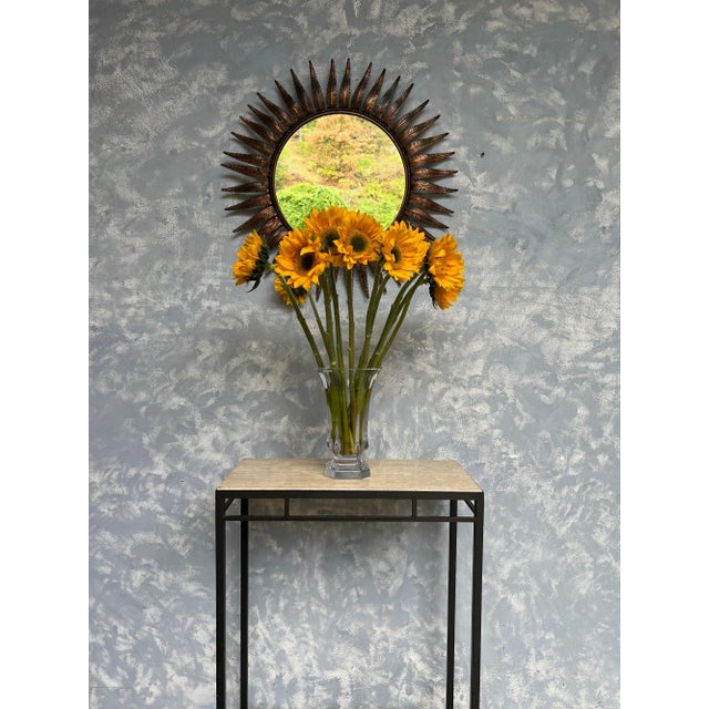 Large Spanish Round Mid Century Modern Copper Plated Sunburst Mirror For Sale - Image 4 of 10