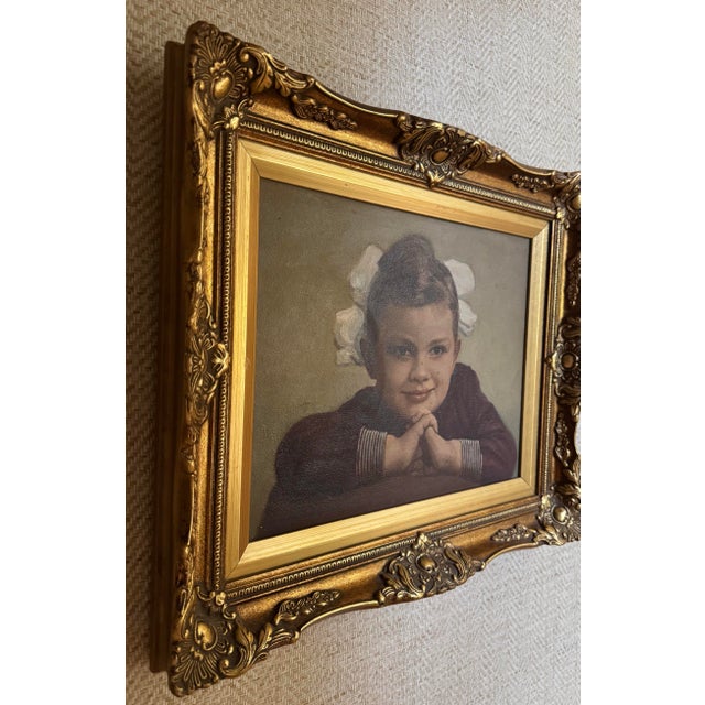 Mid-Century Portrait of a Young Girl in Ornate Gilt Frame Mid Size For Sale - Image 4 of 8