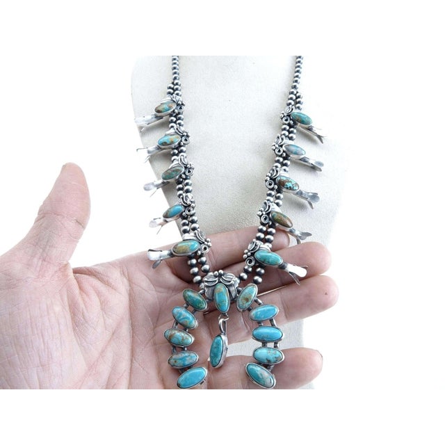 Native American Navajo Sterling and TurquoiseSquash Blossom Necklace For Sale - Image 3 of 5