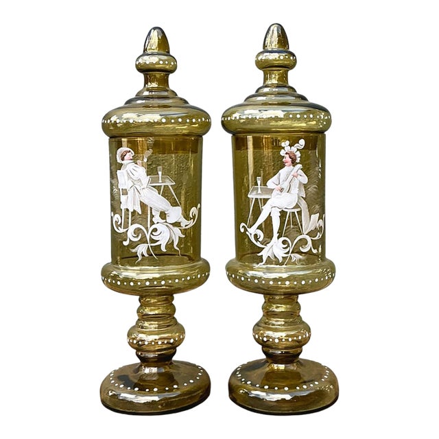 Vintage Hand-Painted Dandy Glass Apothecary Jars - Pair For Sale