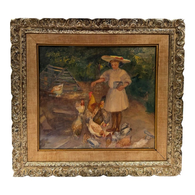19th Century French Impressionist Watercolor Painting of a Girl With Chickens For Sale