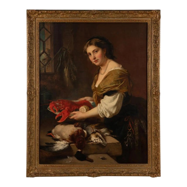 A Magnificent Oil Painting "A Dainty Bit" a Woman With Lobster and Game 1869 For Sale