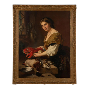 A Magnificent Oil Painting "A Dainty Bit" a Woman With Lobster and Game 1869