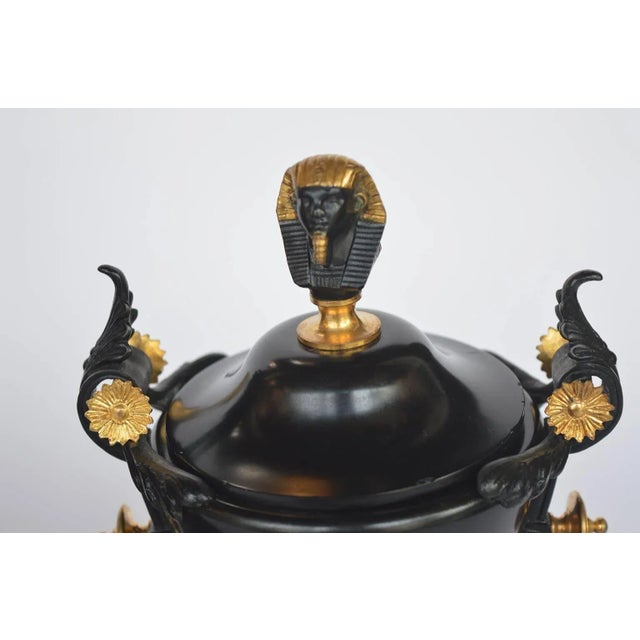 French Bronze and Marble Egyptian Inspired Clockset For Sale - Image 4 of 11