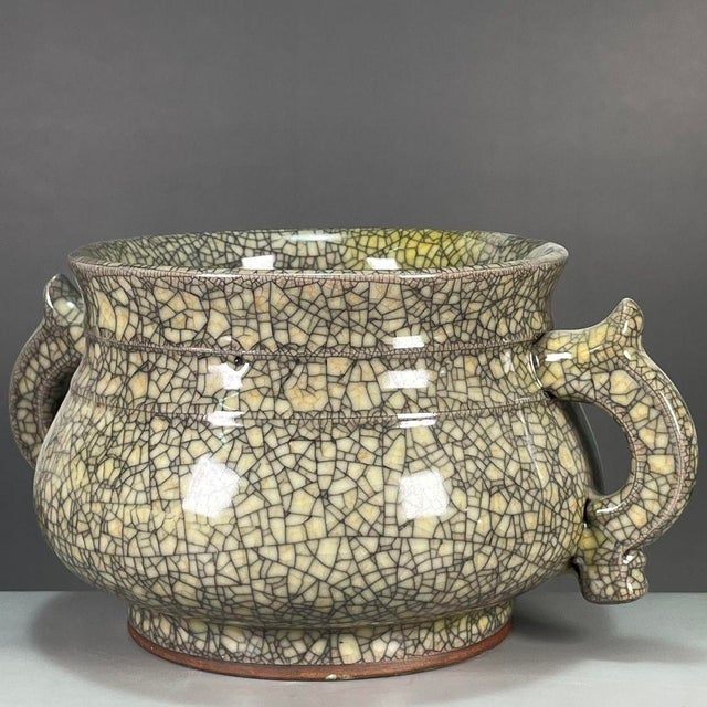 Ceramic Chinese Ge-Type Crackle Glaze Porcelain Censer With Handles For Sale - Image 7 of 9