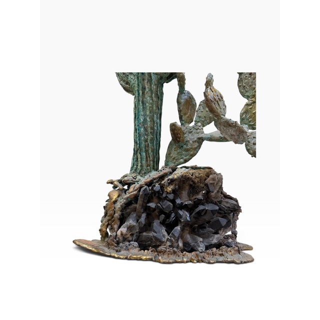 1980s 1980s Monumental 42" Martin Borja Brutalist Bronze Saguaro & Prickly Pear Cactus on Smoky Quartz Base For Sale - Image 5 of 9