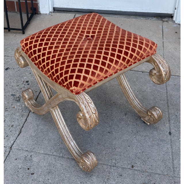 Nancy Corzine Saber Leg Giltwood X Bench W Red Silk Cut Velvet Fabric For Sale In Los Angeles - Image 6 of 8