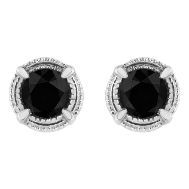 .925 Sterling Silver 1 1/4 cttw Treated Black Diamond Modern 4-Prong Solitaire Milgrain Stud Earring For Sale