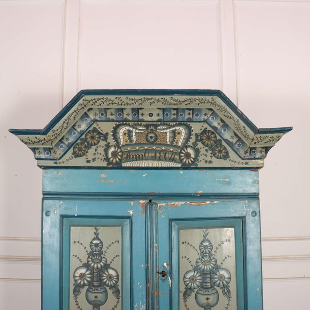 Good early 19th century Swedish pine kitchen cabinet with folk art decoration. 1804. Internal depths: Top - 11-inches...
