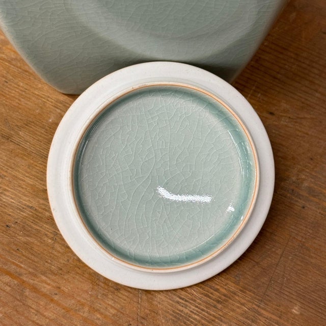 Rustic Light Green Crackle Glaze Hexagonal Lidded Jar For Sale - Image 3 of 11