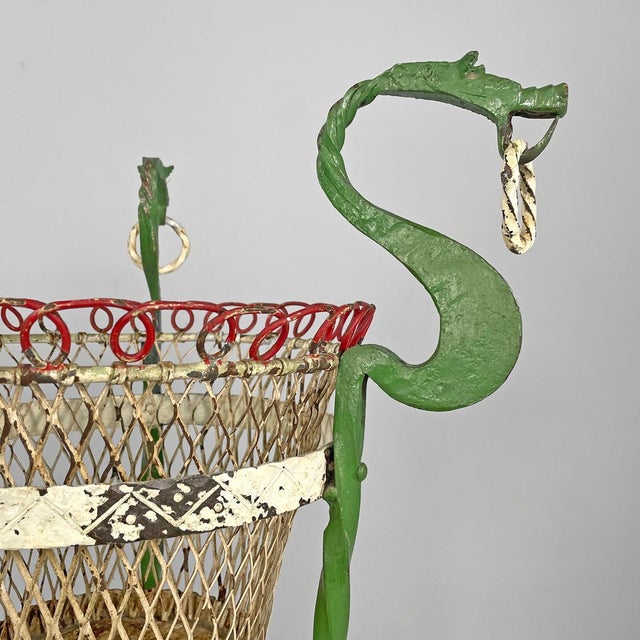 Italian Art Nouveau White Green Wrought Iron Vase Holders with Dragons, 1900s, Set of 2 For Sale - Image 9 of 18