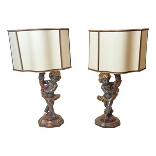 Italian Putti Table Lamps in Giltwood, 1970s, Set of 2 For Sale