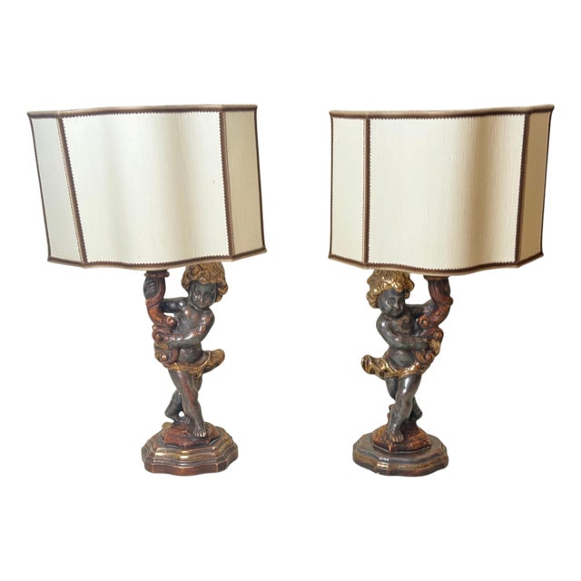Italian Putti Table Lamps in Giltwood, 1970s, Set of 2 For Sale