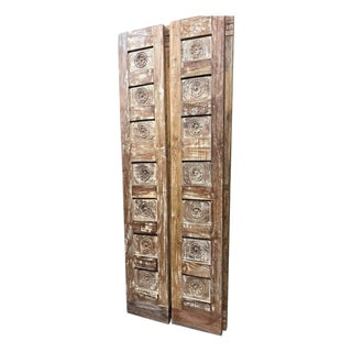 Vintage Carved Wood Closet Doors | Brown Floral Reclaimed Double Door, Rustic Indian Architectural Panels 80x28 For Sale