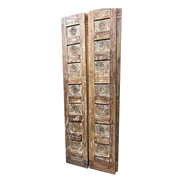 Vintage Carved Wood Closet Doors | Brown Floral Reclaimed Double Door, Rustic Indian Architectural Panels 80x28 For Sale