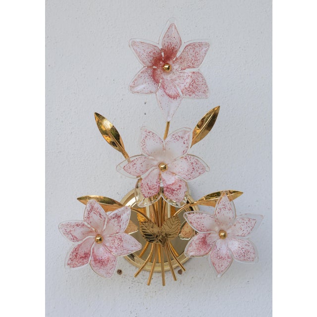 Italian 1970s Murano Wall Light Pink Flowers - Set of 2 For Sale - Image 3 of 15