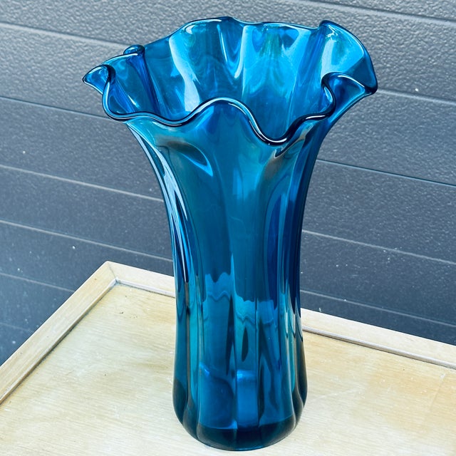 Mid 20th Century Mid-Century Modern Blue Ruffled Rim 14" Tall Blown Glass Vase For Sale - Image 5 of 11