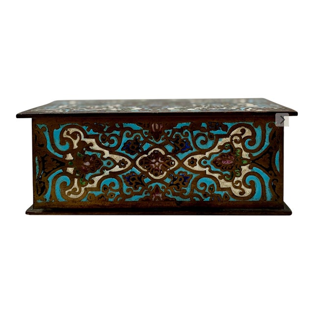 Vintage Cloisonné Enamel Box Turquoise Floral Scroll Lidded 5.5in For Sale