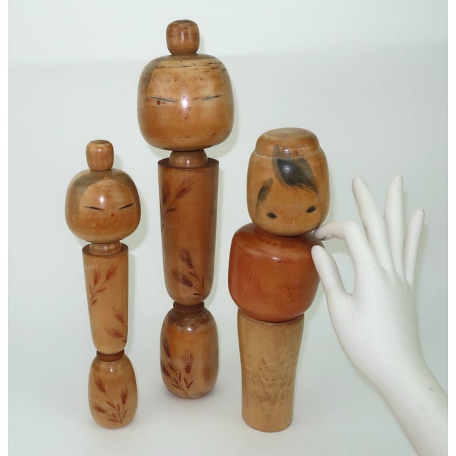 1940s Artist Signed Large Japanese Wood Kokeshi Dolls, Set of 3 For Sale - Image 16 of 16