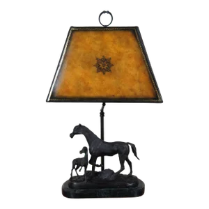 Mid 20th Century Maitland Smith Bronze Marble Tooled Leather Equestrian Horse Table Lamp