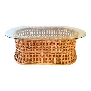 1950s Mid-Century Franco Albini Styled Oval Rattan and Glass Coffee Table For Sale