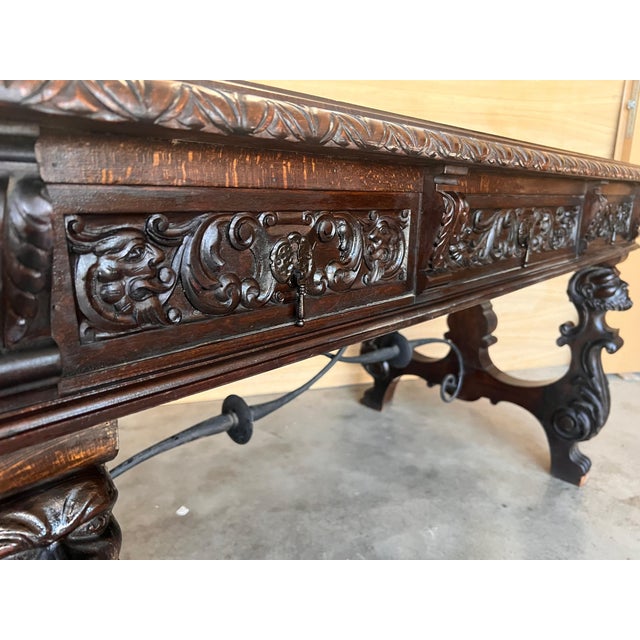 19th Century Spanish Two Faces Baroque Style Oak Library Table or Desk For Sale - Image 13 of 18