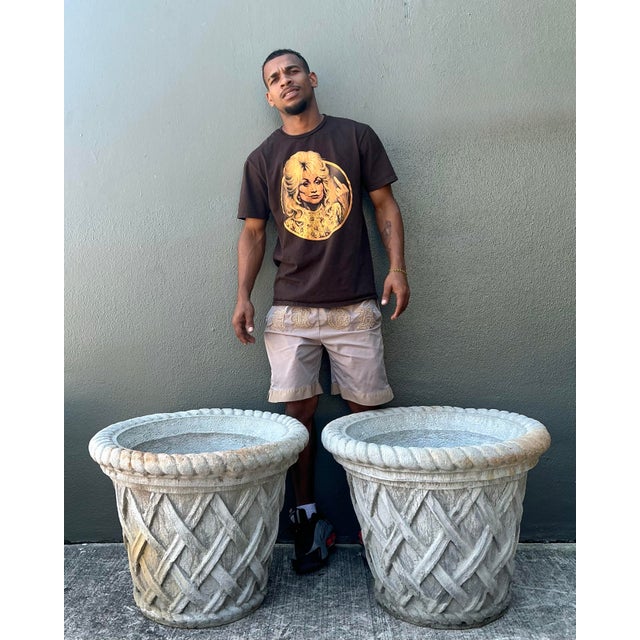 French Country Vintage Cast Concrete Trellis Planters - A Pair For Sale - Image 3 of 12