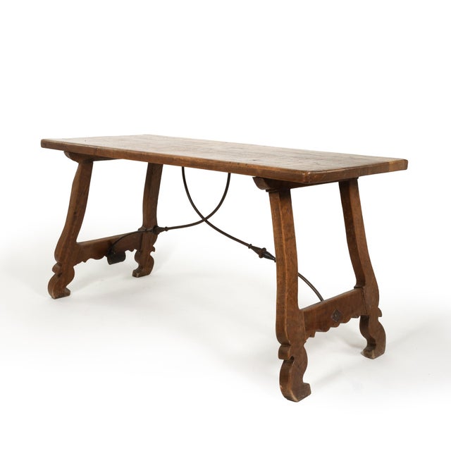 Chestnut Spanish Baroque Style Chestnut Trestle Table With Wrought Iron Stretcher and Harp-Shaped Bases Circa 1850 For Sale - Image 8 of 10