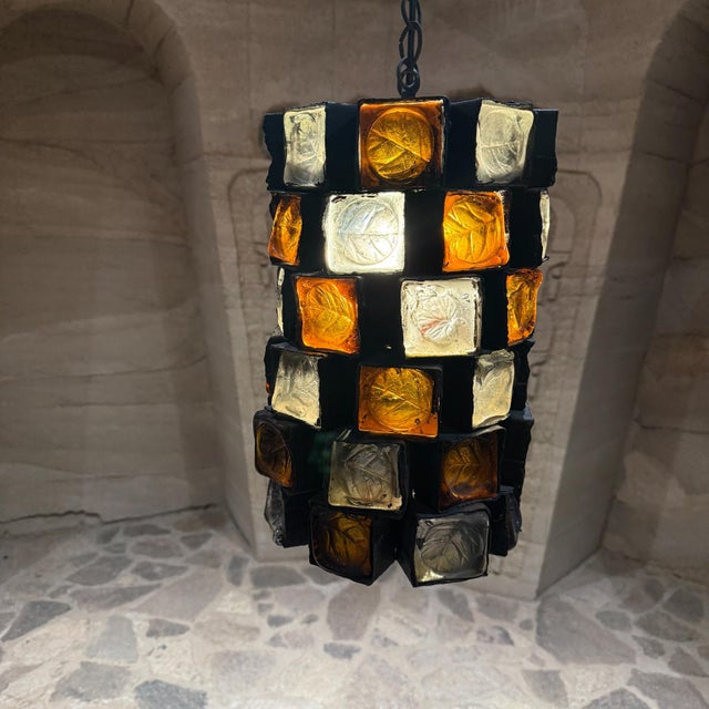 AMBIANIC presents 1970s Felipe Delfinger for Feders Brutalist Metal & Stained-Glass Pendants Large 15.5 x 10.5 chain 33.5...