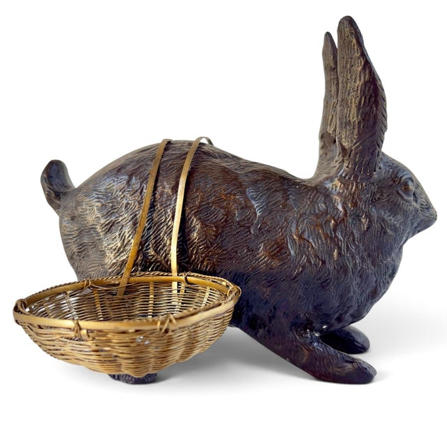 Mid 20th Century Bronze Bunny Rabbit Sculpture With Woven Brass Baskets Edwardian-Style For Sale - Image 4 of 18