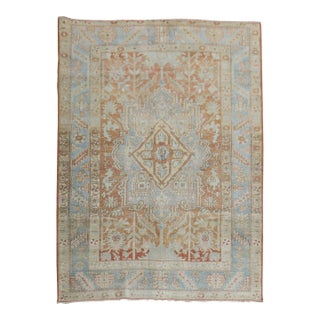 Early 20th Century Zabihi Collection Apricot Soft Blue Persian Heriz Rug - 4'6" x 6'3" For Sale