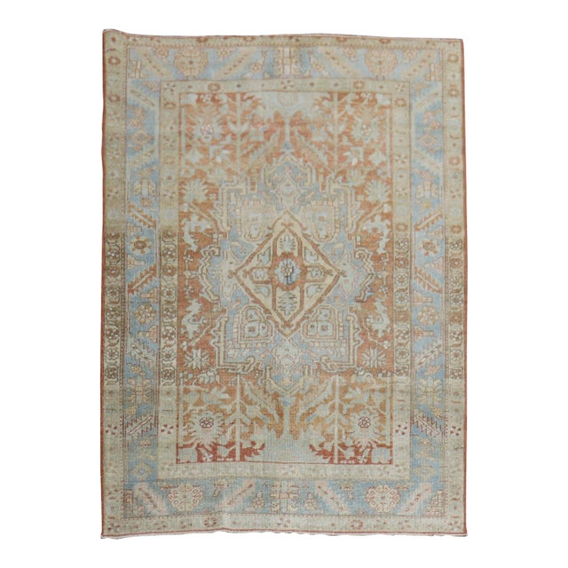 Early 20th Century Zabihi Collection Apricot Soft Blue Persian Heriz Rug - 4'6" x 6'3" For Sale