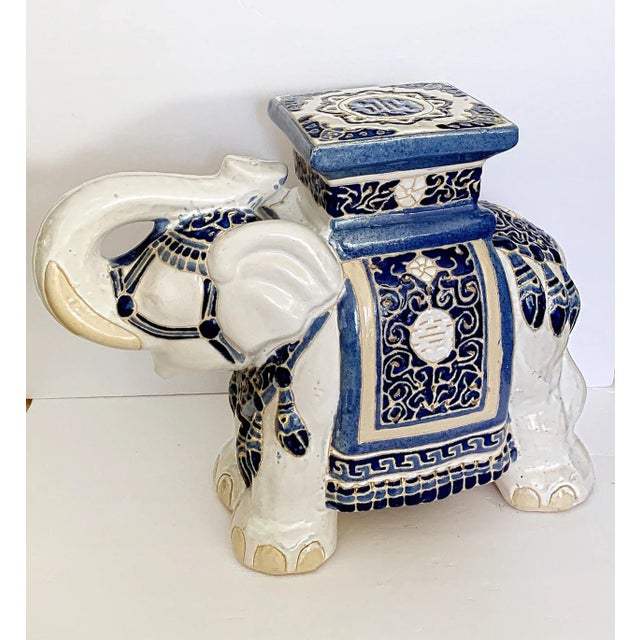 Vintage Elephant Garden Stool Blue & White Ceramic / Side Table / Plant Stand, Chinoiserie Style For Sale - Image 10 of 10