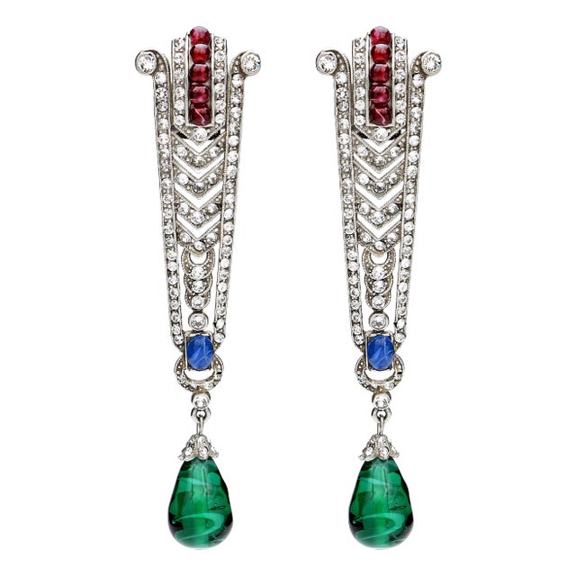 Ben Amun Silver Drop Clip Earrings with Clear, Red and Blue Crystals and Green Stones - 2 Pieces For Sale