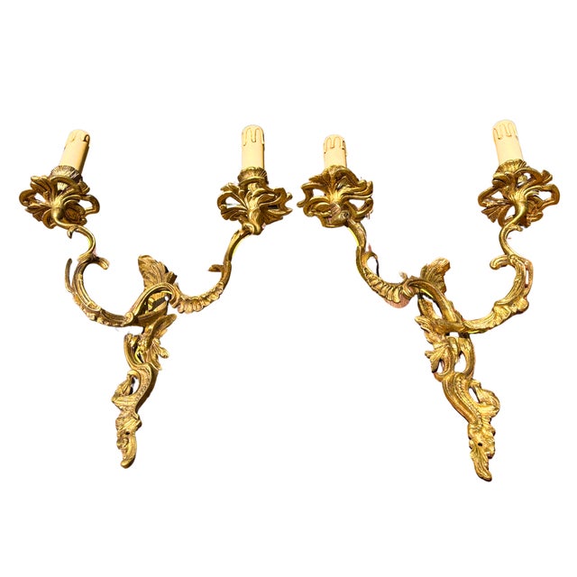 Gold Large French Louis XV Style Rococo Revival Gilt Bronze Wall Sconces, 1880s, Set of 2 For Sale - Image 8 of 8
