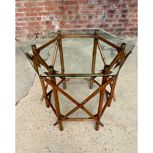 Billy Baldwin Vintage 1970’s Two-Tier Real Bamboo & Glass Octagonal Side Table - Brass Capped - McGuire Style For Sale - Image 4 of 11