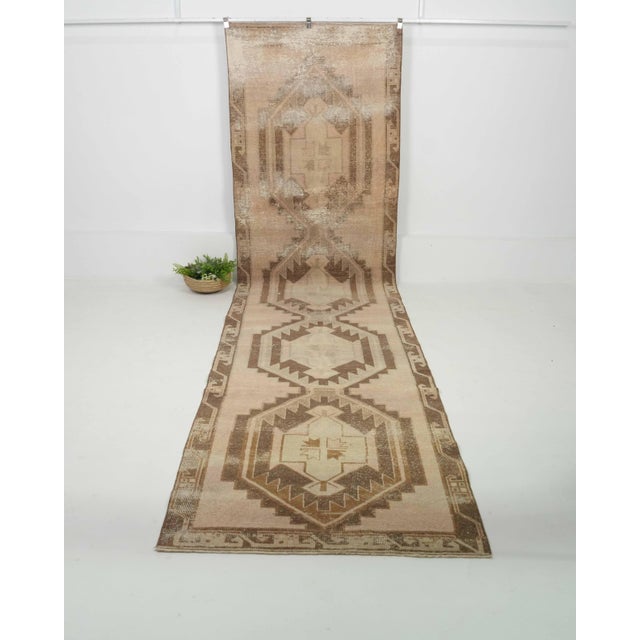 1970s Vintage Turkish Handmade Wool Cotton Brown Runner Rug For Sale - Image 10 of 11