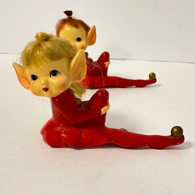 Vintage 1950s Pixie Elf Figurines Anthropomorphic Red Ceramic Knee Hugger Elves Retro Kitschy A Pair Doesn’t get much...