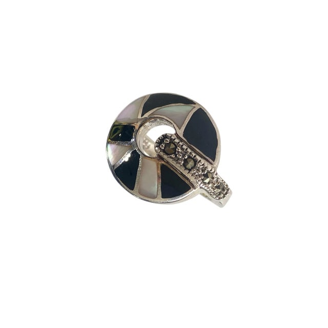 Metal Vintage Sterling Silver Art Deco Style Marcasite /Enamel Ring Size 6 For Sale - Image 7 of 8