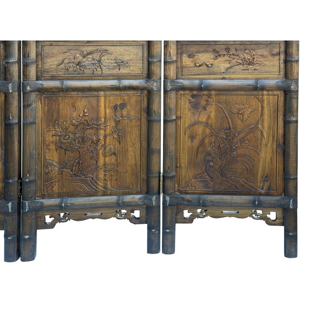 Asian Vintage Finish Openwork Floral 4 Panels Wood Floor Screen Room Divider For Sale - Image 3 of 10